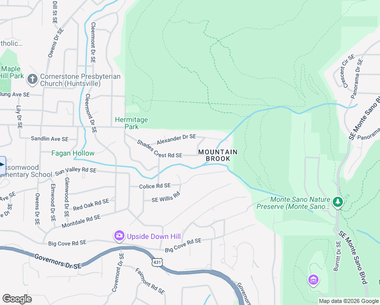 map of restaurants, bars, coffee shops, grocery stores, and more near 2118 Shades Crest Road Southeast in Huntsville