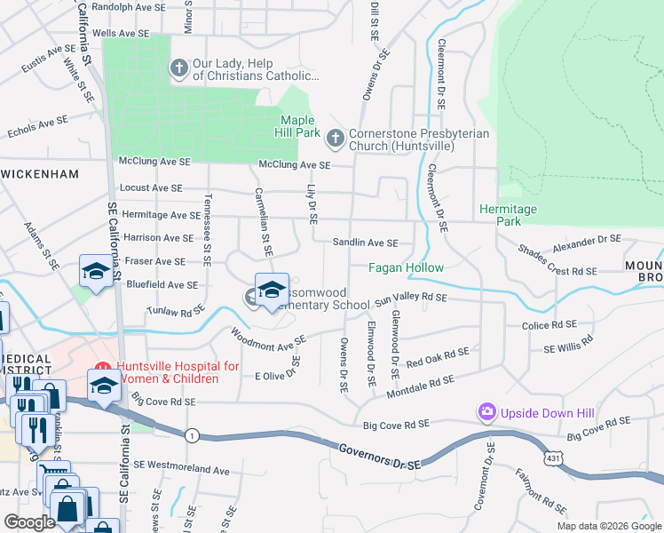 map of restaurants, bars, coffee shops, grocery stores, and more near 1111 Dale Drive Southeast in Huntsville