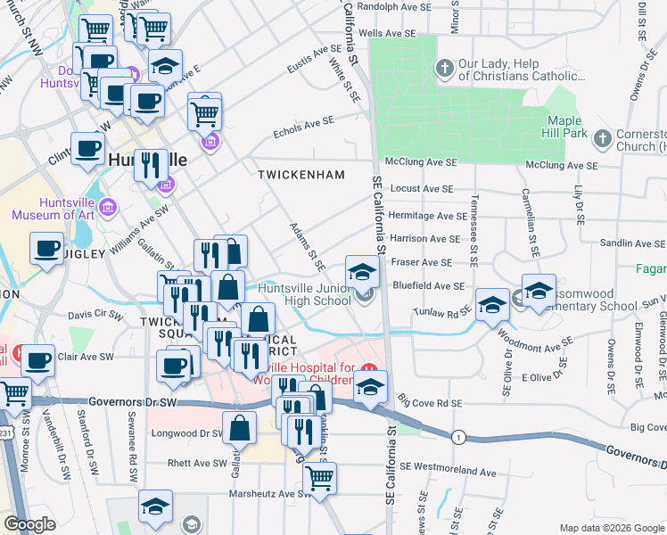 map of restaurants, bars, coffee shops, grocery stores, and more near 720 Adams Street Southeast in Huntsville