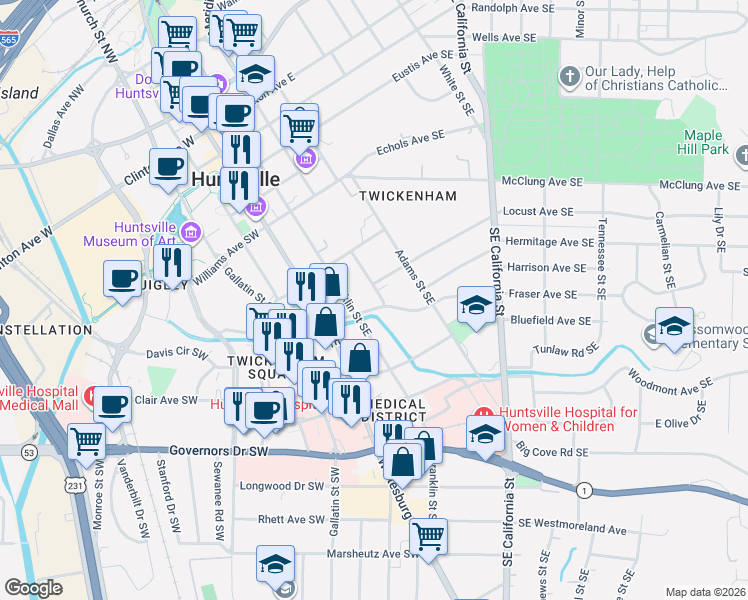 map of restaurants, bars, coffee shops, grocery stores, and more near 621 Franklin Street Southeast in Huntsville