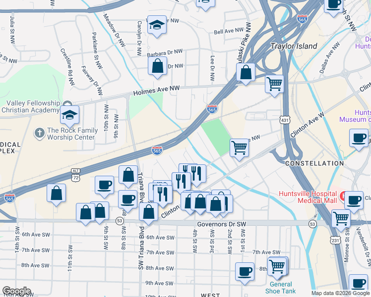 map of restaurants, bars, coffee shops, grocery stores, and more near 2601 Palmer Avenue Northwest in Huntsville