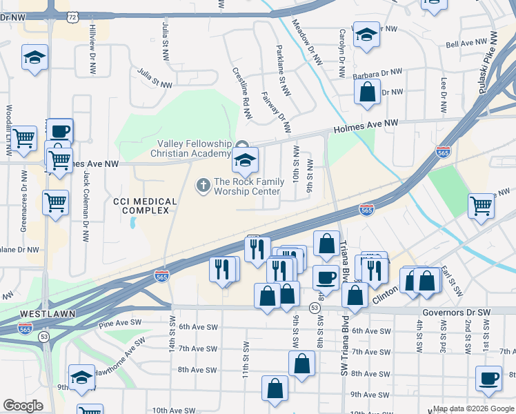 map of restaurants, bars, coffee shops, grocery stores, and more near 410 Marguerite Drive Northwest in Huntsville
