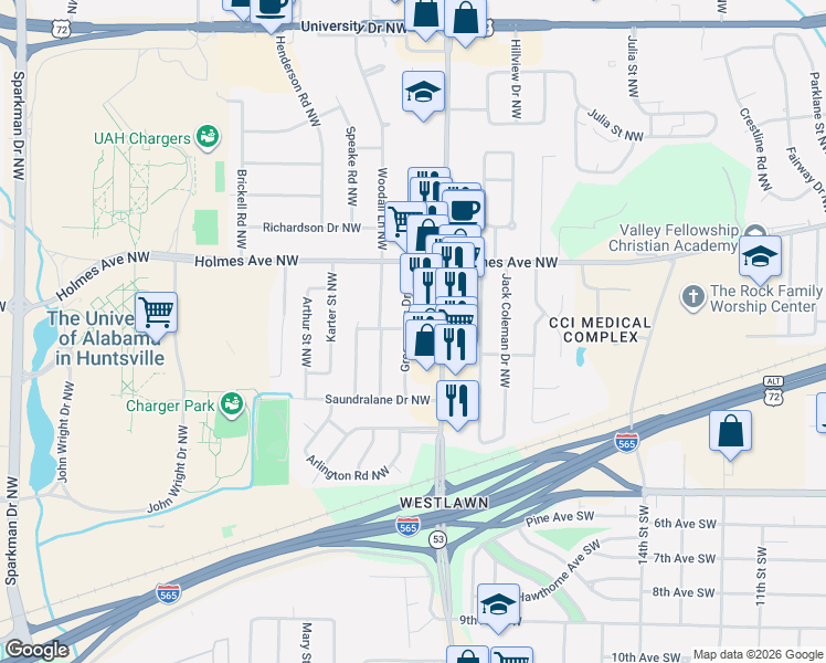 map of restaurants, bars, coffee shops, grocery stores, and more near 411 Jordan Lane Northwest in Huntsville
