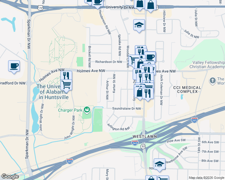 map of restaurants, bars, coffee shops, grocery stores, and more near 412 Arthur Street Northwest in Huntsville