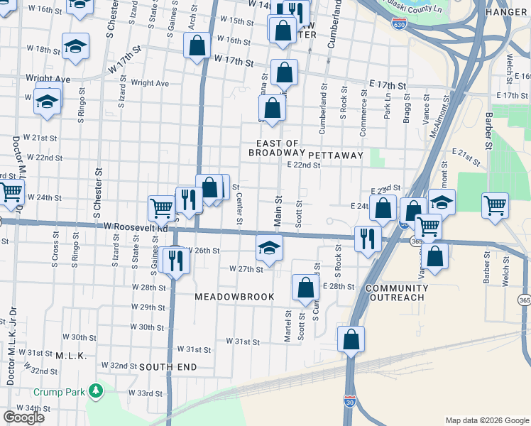 map of restaurants, bars, coffee shops, grocery stores, and more near in Little Rock