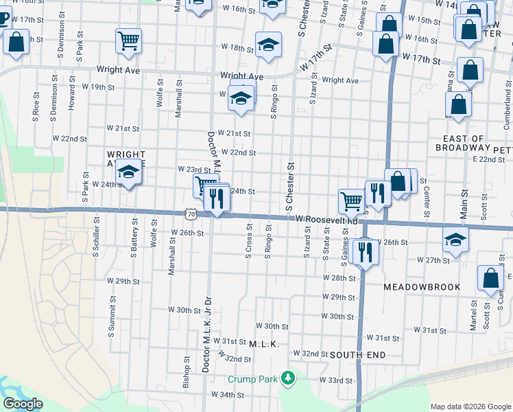 map of restaurants, bars, coffee shops, grocery stores, and more near 2418 South Cross Street in Little Rock