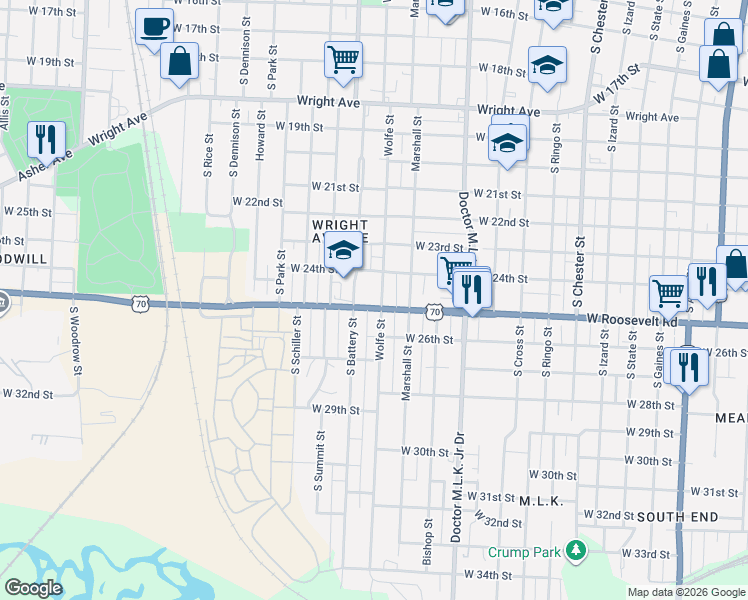 map of restaurants, bars, coffee shops, grocery stores, and more near 2500 Wolfe Street in Little Rock