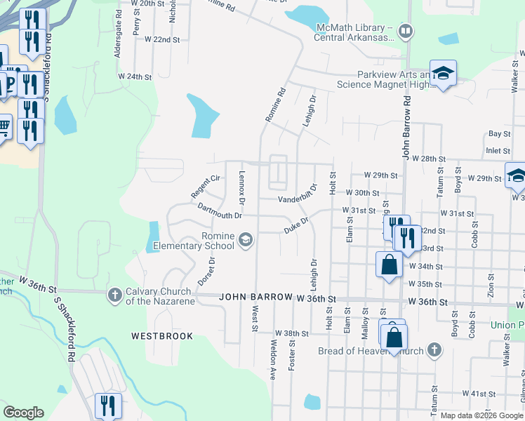 map of restaurants, bars, coffee shops, grocery stores, and more near 3106 Romine Road in Little Rock
