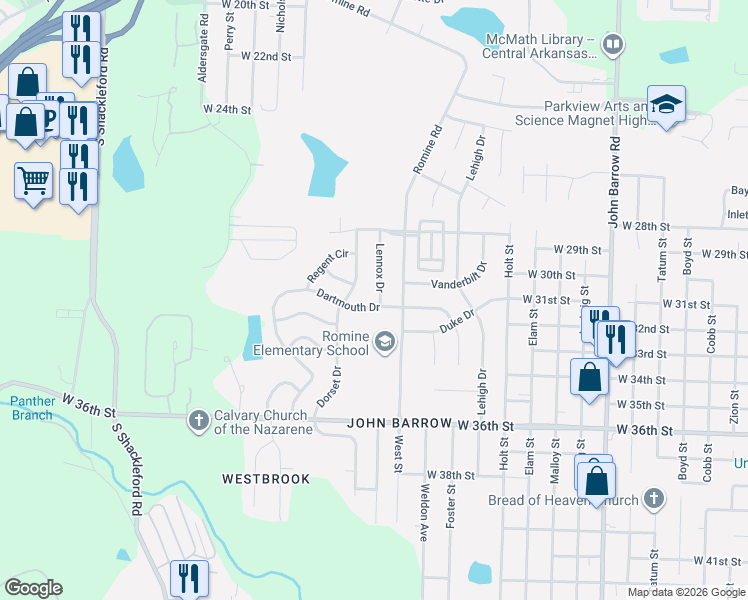 map of restaurants, bars, coffee shops, grocery stores, and more near 11 Dartmouth Drive in Little Rock