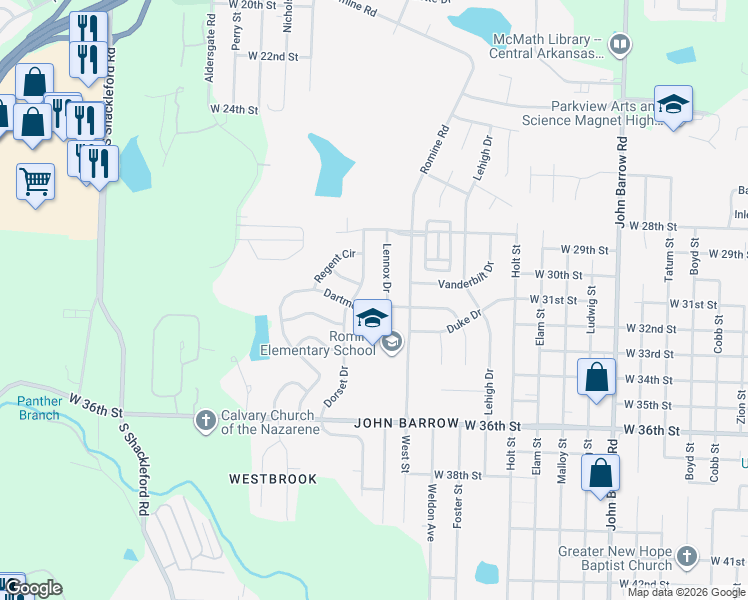 map of restaurants, bars, coffee shops, grocery stores, and more near 11 Dartmouth Drive in Little Rock