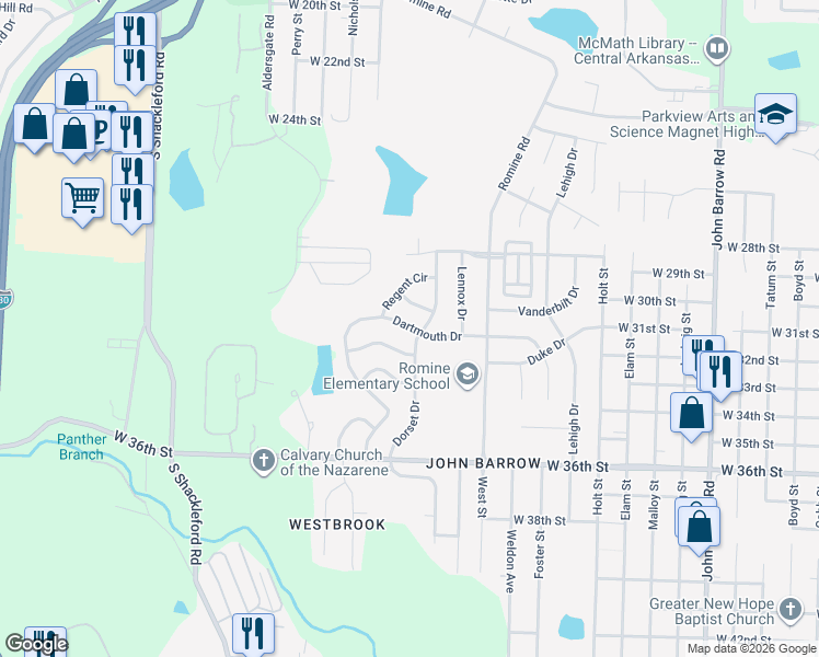 map of restaurants, bars, coffee shops, grocery stores, and more near 3120 Dorset Drive in Little Rock