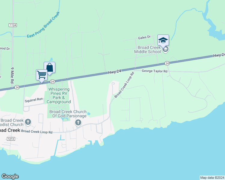 map of restaurants, bars, coffee shops, grocery stores, and more near 200 Broad Creek Loop Road in Newport