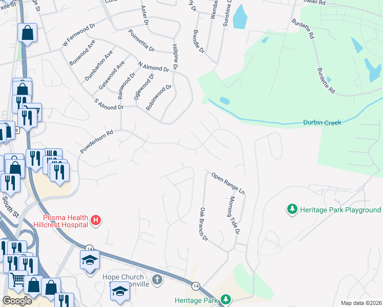 map of restaurants, bars, coffee shops, grocery stores, and more near 102 Rapidan Court in Simpsonville