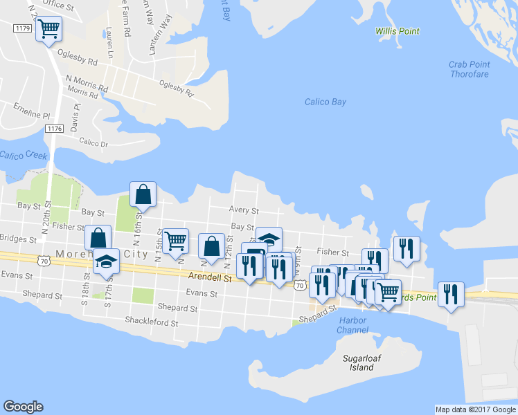 map of restaurants, bars, coffee shops, grocery stores, and more near 1012 Avery Street in Morehead City