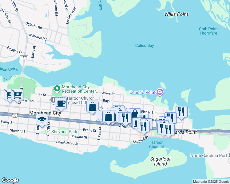map of restaurants, bars, coffee shops, grocery stores, and more near 1012 Avery Street in Morehead City