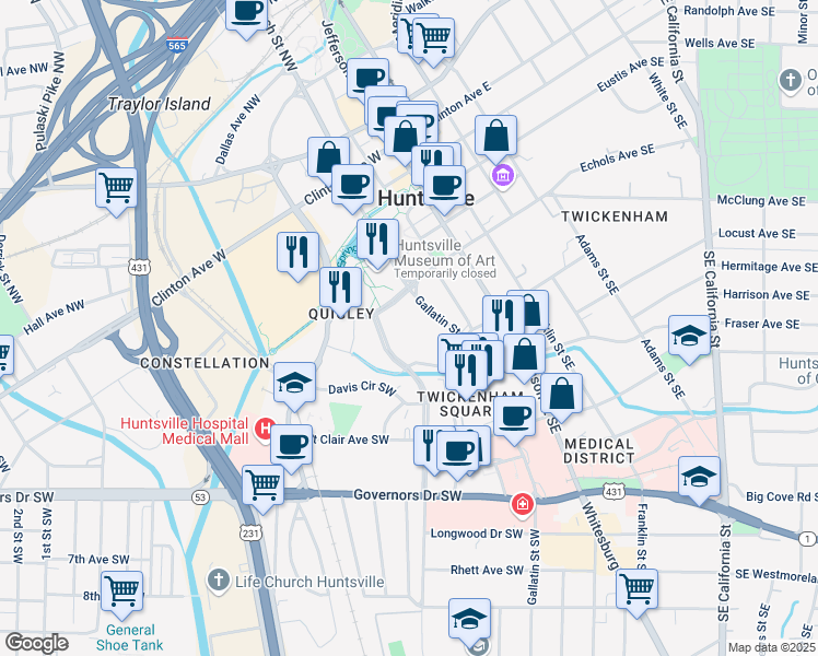 map of restaurants, bars, coffee shops, grocery stores, and more near 303 Williams Avenue Southwest in Huntsville