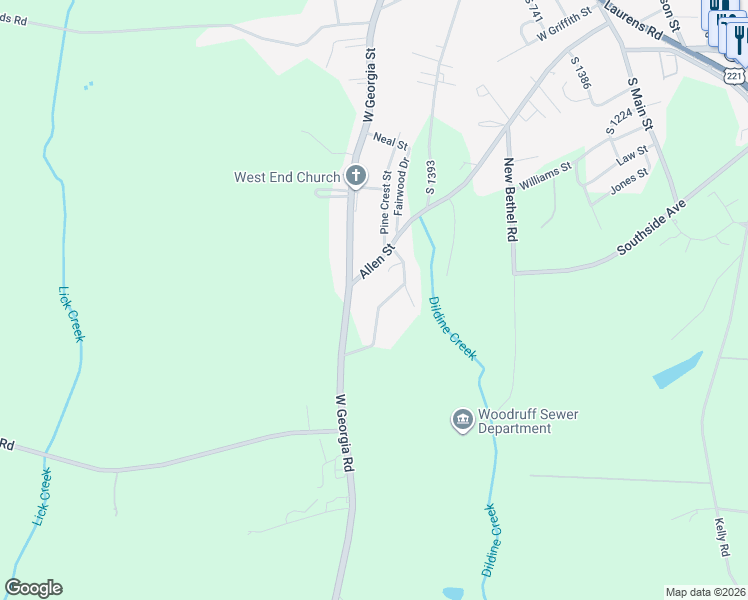 map of restaurants, bars, coffee shops, grocery stores, and more near 18 Virginia Drive in Woodruff