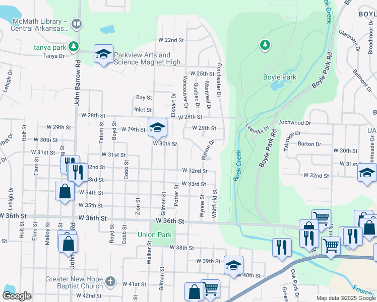 map of restaurants, bars, coffee shops, grocery stores, and more near 7 Utica Lane in Little Rock