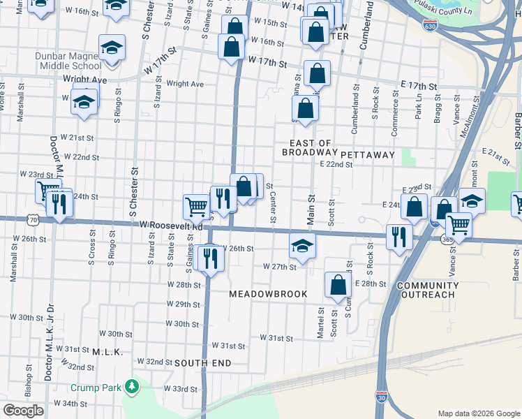 map of restaurants, bars, coffee shops, grocery stores, and more near 2413 South Spring Street in Little Rock