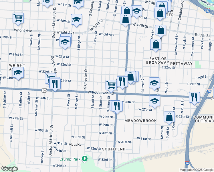 map of restaurants, bars, coffee shops, grocery stores, and more near 2418 South Gaines Street in Little Rock