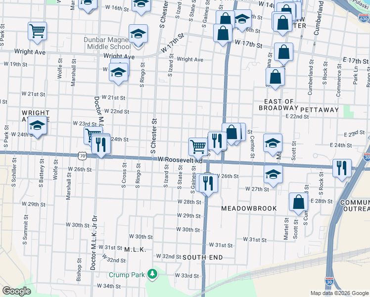 map of restaurants, bars, coffee shops, grocery stores, and more near 2418 South Gaines Street in Little Rock