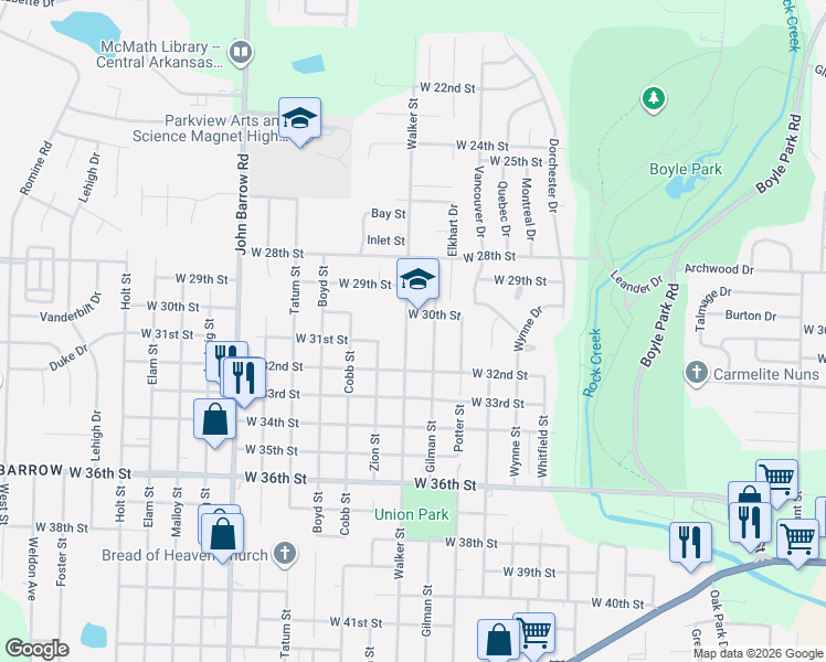 map of restaurants, bars, coffee shops, grocery stores, and more near 3100 Gilman Street in Little Rock
