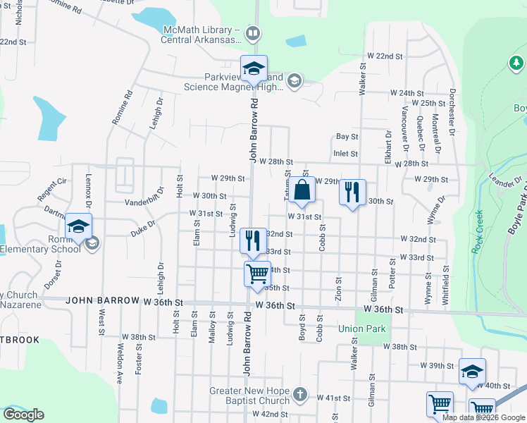 map of restaurants, bars, coffee shops, grocery stores, and more near 8623 West 31st Street in Little Rock
