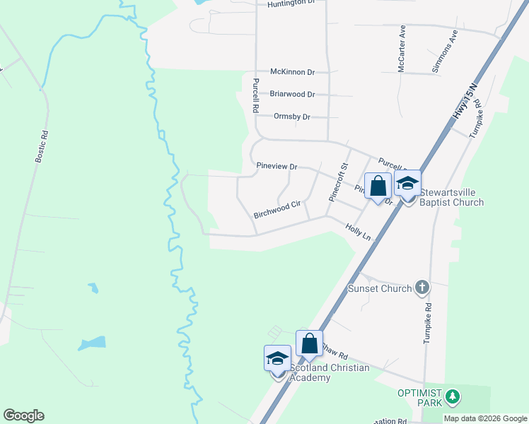 map of restaurants, bars, coffee shops, grocery stores, and more near 12540 Birchwood Circle in Laurinburg