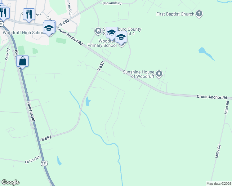map of restaurants, bars, coffee shops, grocery stores, and more near 117 Old Timber Road in Woodruff