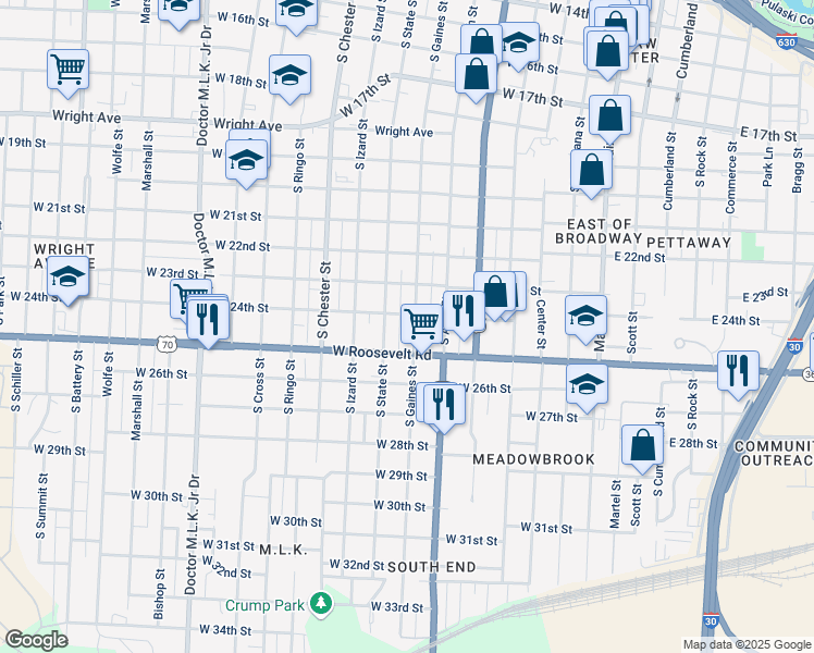 map of restaurants, bars, coffee shops, grocery stores, and more near 2418 South Gaines Street in Little Rock