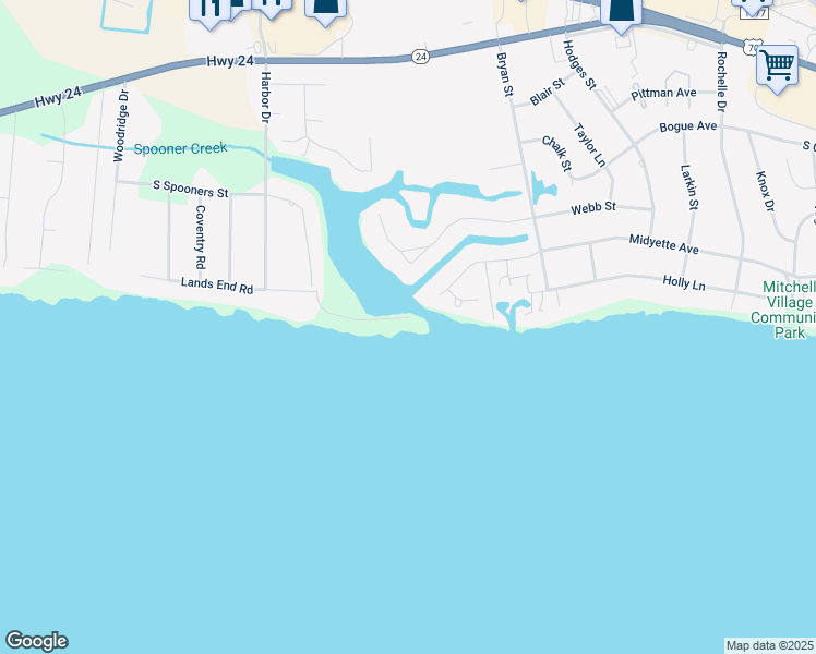 map of restaurants, bars, coffee shops, grocery stores, and more near 117 Lands End Road in Morehead City