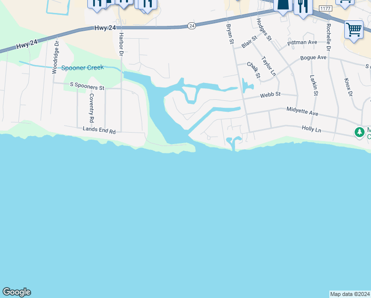 map of restaurants, bars, coffee shops, grocery stores, and more near 117 Lands End Road in Morehead City