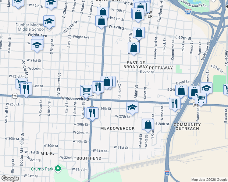 map of restaurants, bars, coffee shops, grocery stores, and more near 2413 South Spring Street in Little Rock