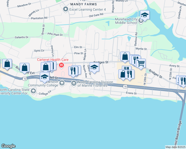 map of restaurants, bars, coffee shops, grocery stores, and more near 3316 Arendell Street in Morehead City