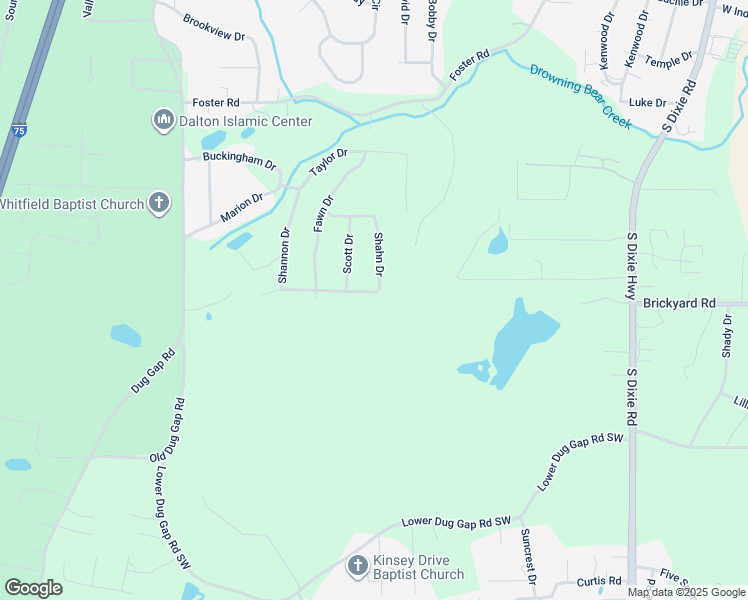 map of restaurants, bars, coffee shops, grocery stores, and more near 2408 Shannon Drive in Dalton