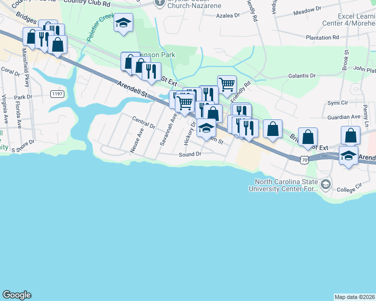 map of restaurants, bars, coffee shops, grocery stores, and more near 4121 Sound Drive in Morehead City