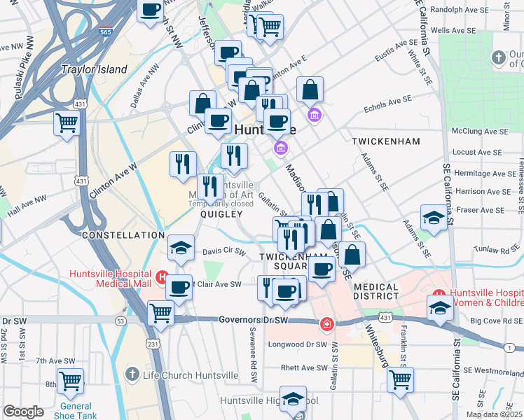 map of restaurants, bars, coffee shops, grocery stores, and more near 303 Williams Avenue Southwest in Huntsville