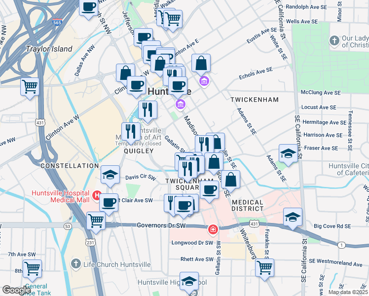 map of restaurants, bars, coffee shops, grocery stores, and more near 659 Gallatin Street Southwest in Huntsville