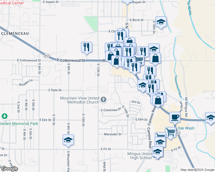 map of restaurants, bars, coffee shops, grocery stores, and more near 809 South 15th Street in Cottonwood
