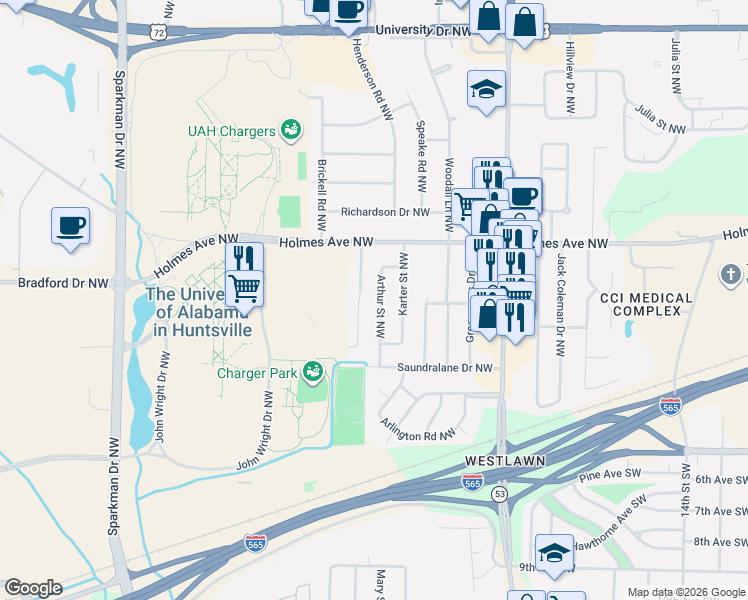 map of restaurants, bars, coffee shops, grocery stores, and more near 412 Arthur Street Northwest in Huntsville