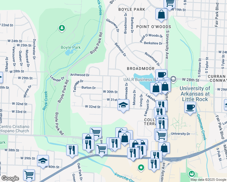 map of restaurants, bars, coffee shops, grocery stores, and more near 3016 Alameda Drive in Little Rock