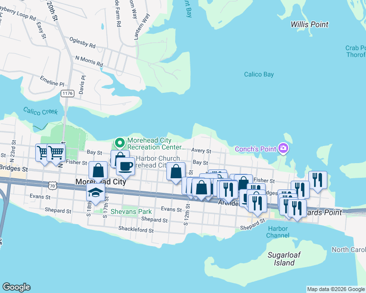 map of restaurants, bars, coffee shops, grocery stores, and more near 1208 Avery Street in Morehead City