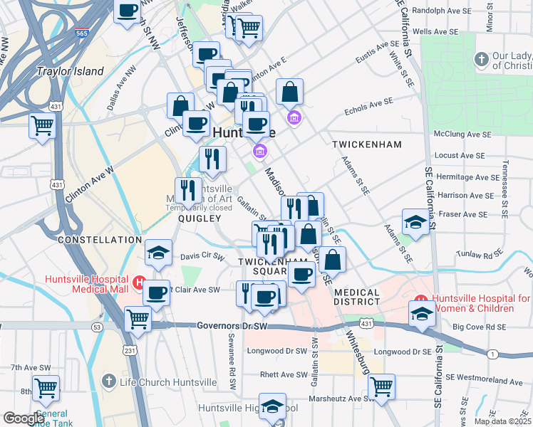 map of restaurants, bars, coffee shops, grocery stores, and more near 659 Gallatin Street Southwest in Huntsville