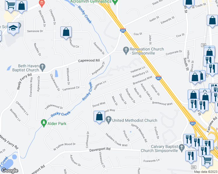 map of restaurants, bars, coffee shops, grocery stores, and more near 301 Waterbury Court in Simpsonville