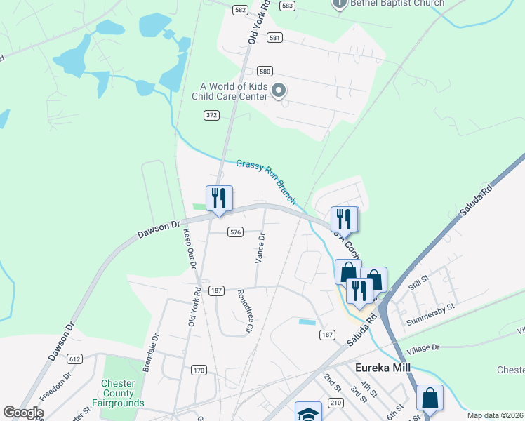 map of restaurants, bars, coffee shops, grocery stores, and more near 2131 J A Cochran Bypass in Chester
