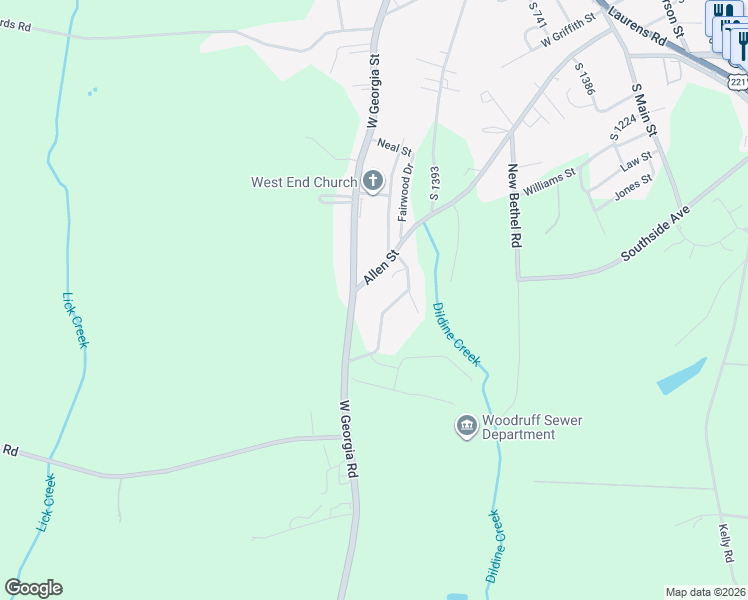 map of restaurants, bars, coffee shops, grocery stores, and more near 18 Virginia Drive in Woodruff