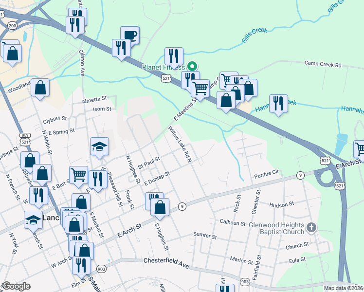 map of restaurants, bars, coffee shops, grocery stores, and more near 108 Willow Lake Road North in Lancaster