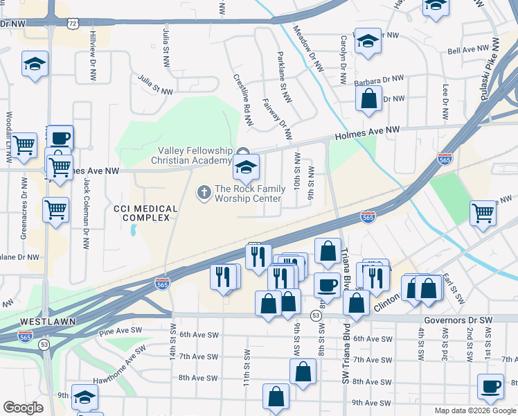 map of restaurants, bars, coffee shops, grocery stores, and more near 410 Marguerite Drive Northwest in Huntsville
