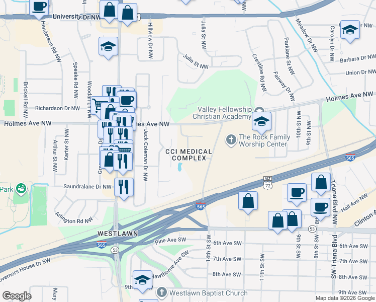 map of restaurants, bars, coffee shops, grocery stores, and more near 408 Hillmont Drive Northwest in Huntsville