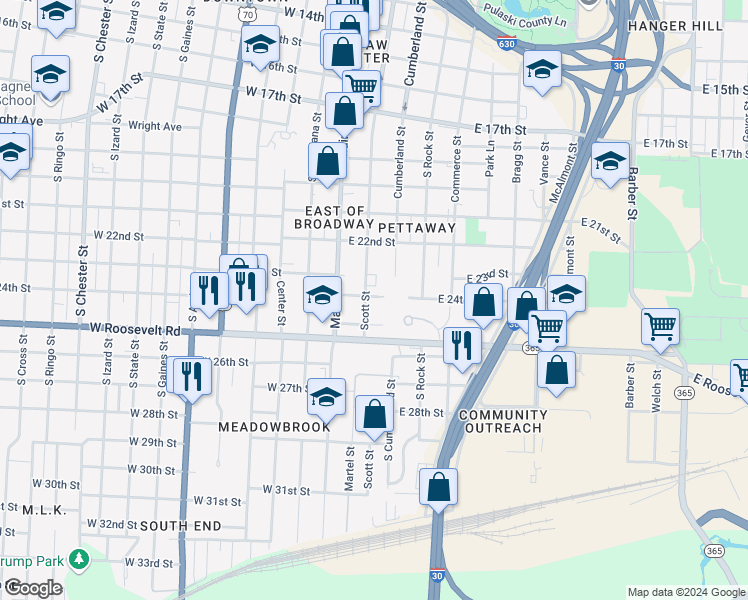 map of restaurants, bars, coffee shops, grocery stores, and more near 2419 Scott Street in Little Rock
